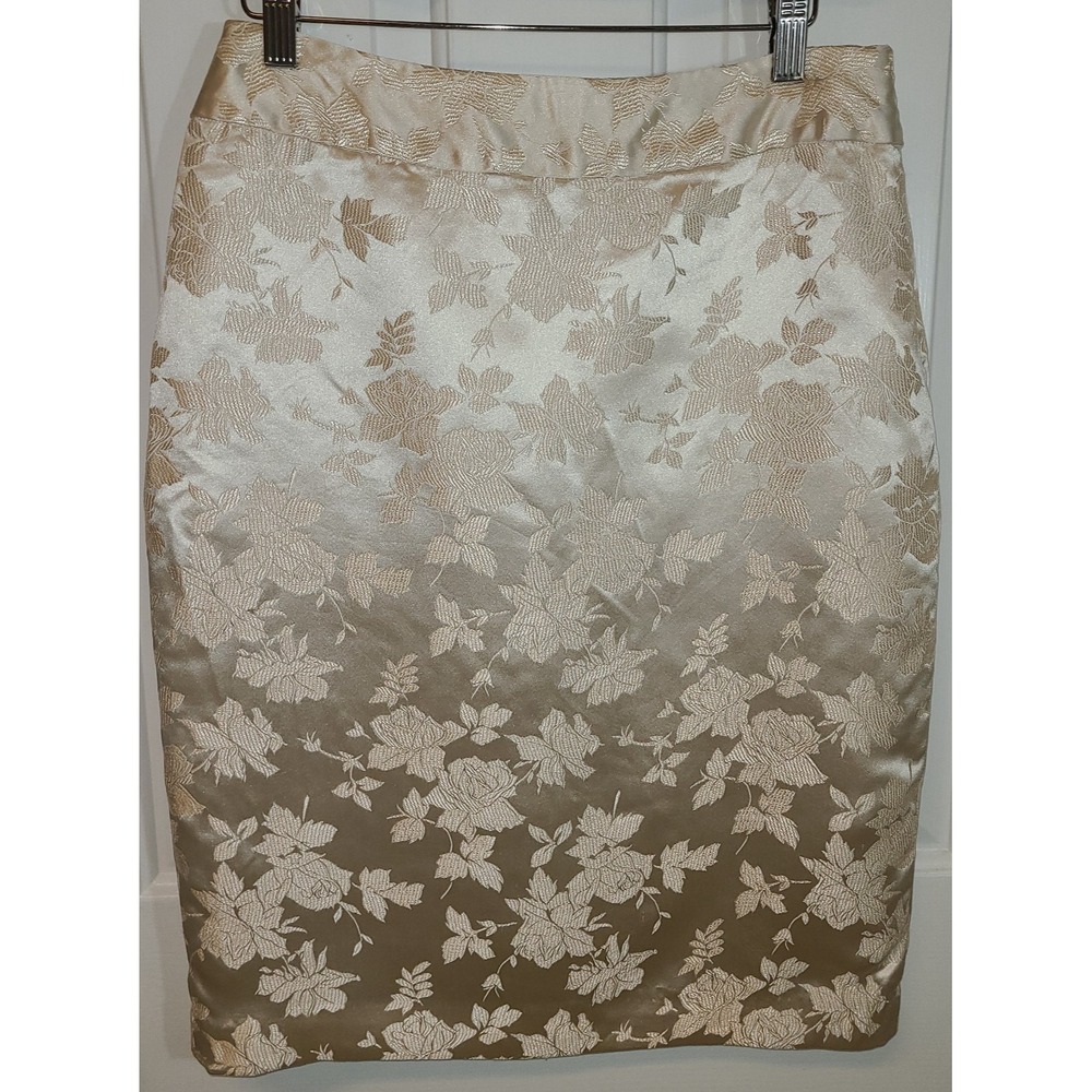 W.D.N.Y. Silky Blend Floral Beige Shiny Pencil Career Nite Out Lined Skirt Sz 6